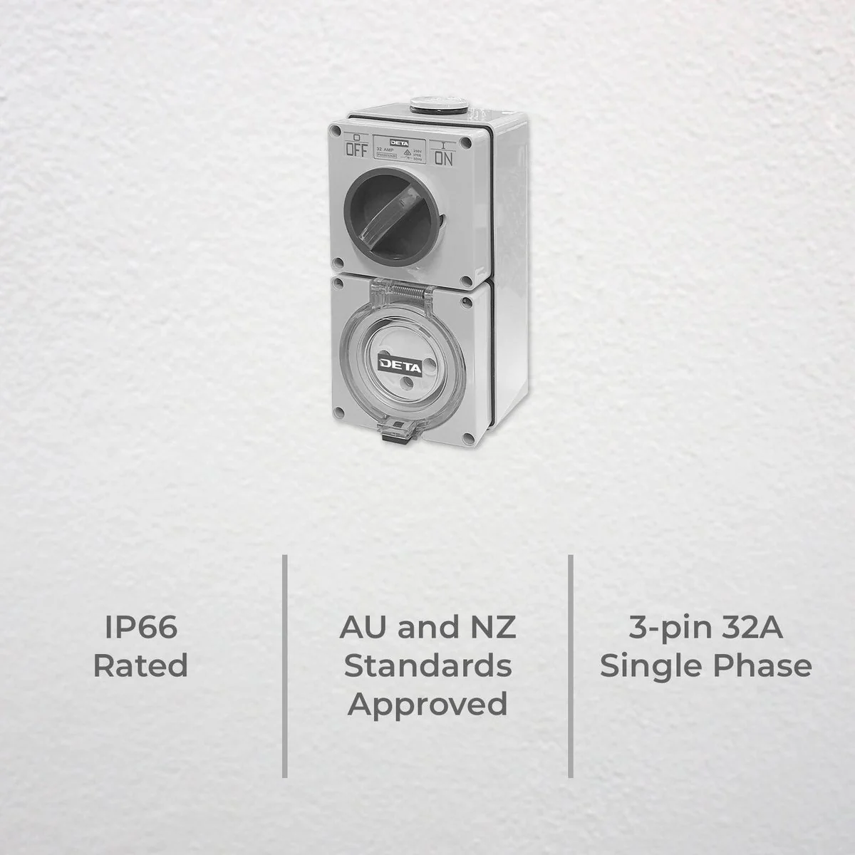Deta 32A Single Phase Round Switch Outlet - 100mm x 58mm x 200mm - Light Grey - Weatherproof - Image 2