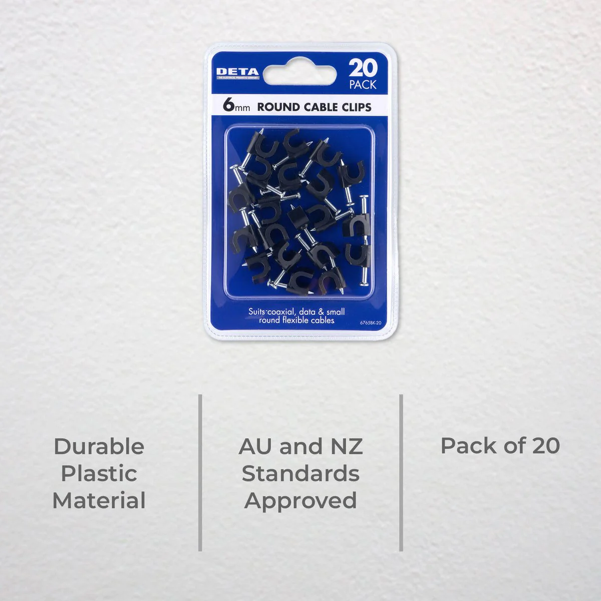 Deta 6mm Black Round Cable Clips - 20 Pack - Durable Plastic - Image 2