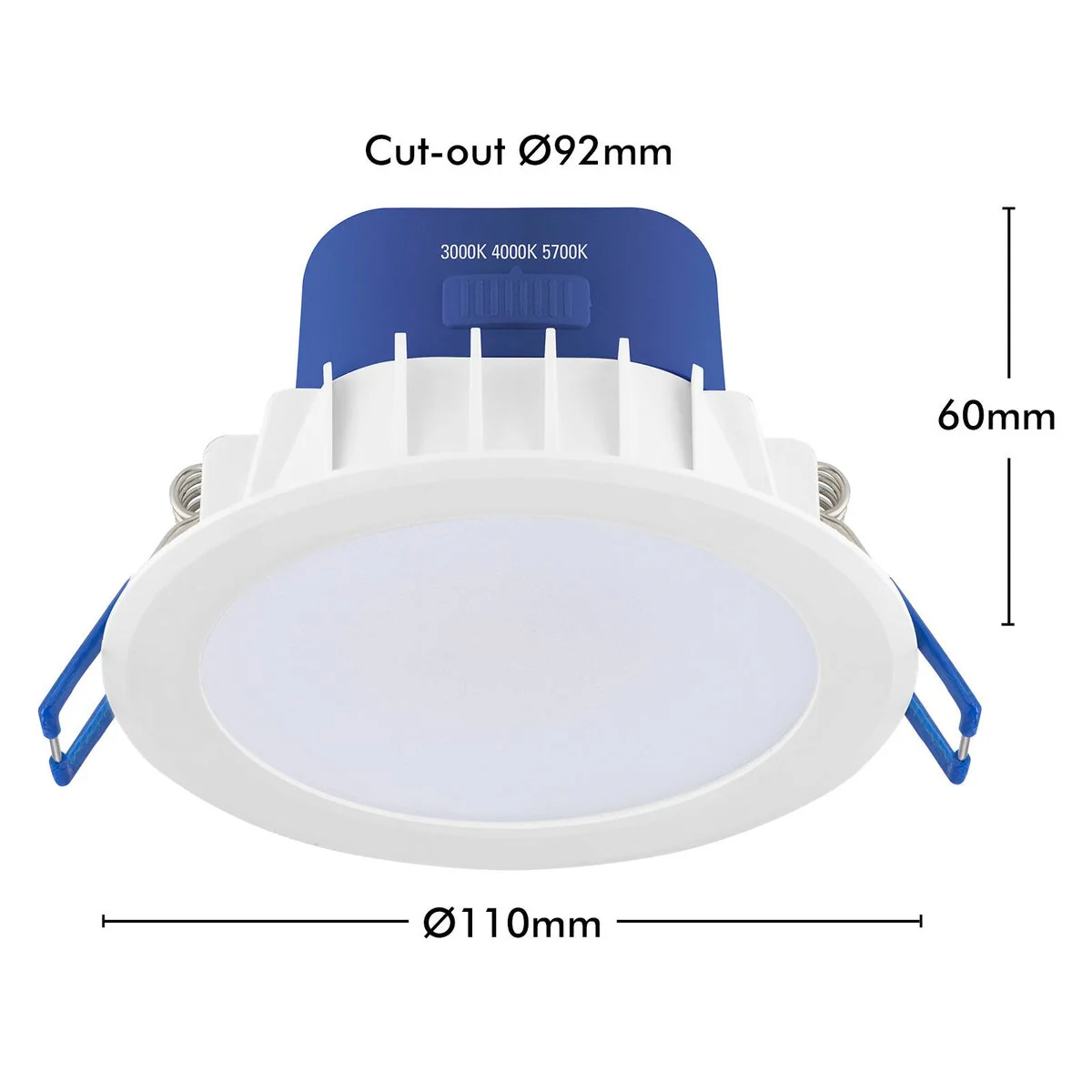 Deta 9W Tri Colour Dimmable LED Downlight - IP44 - 110mm - White & Blue - Image 5