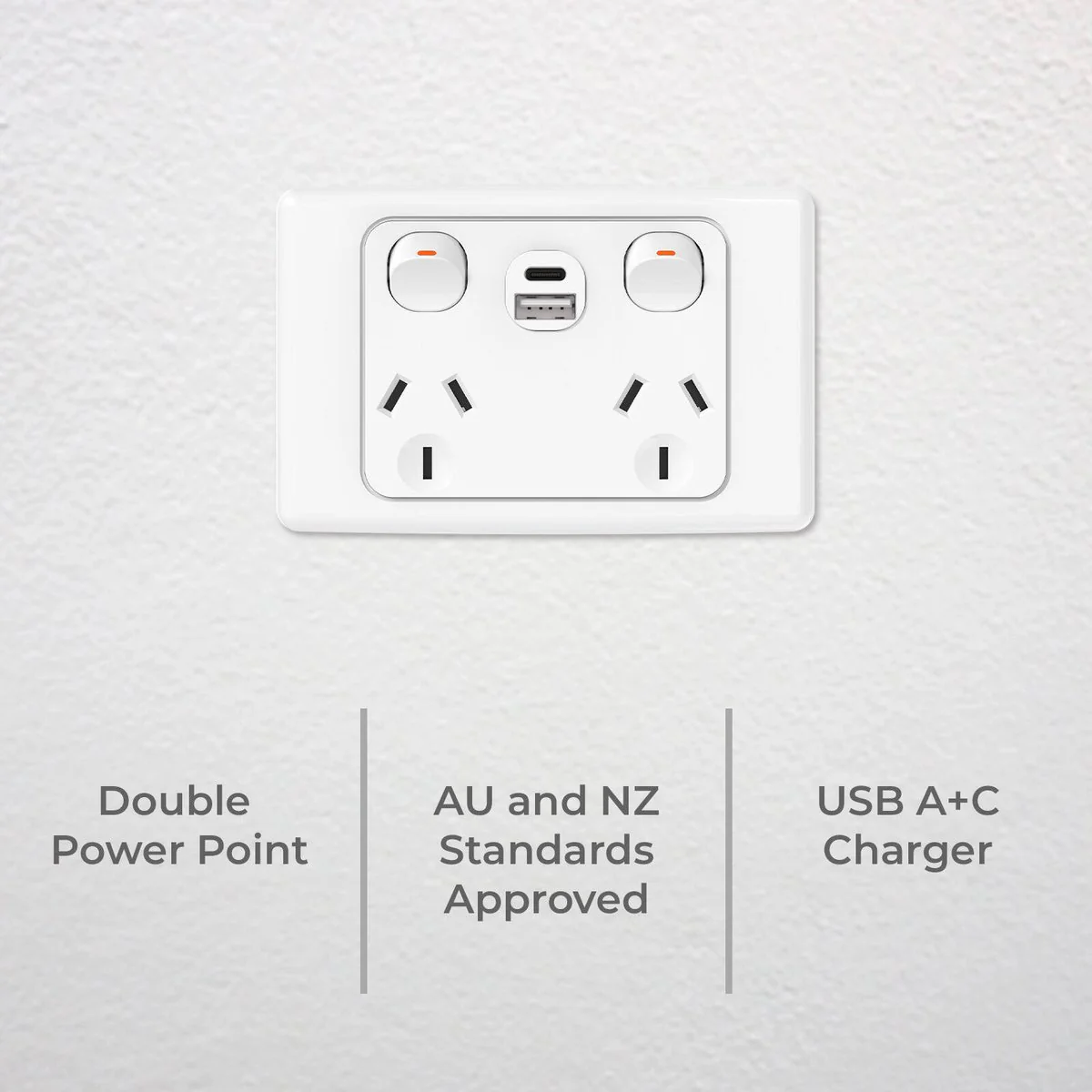 Deta Double Pole Double Power Point with USB A+C - 250V - 10A - 50mm x 74mm x 115mm - Image 2