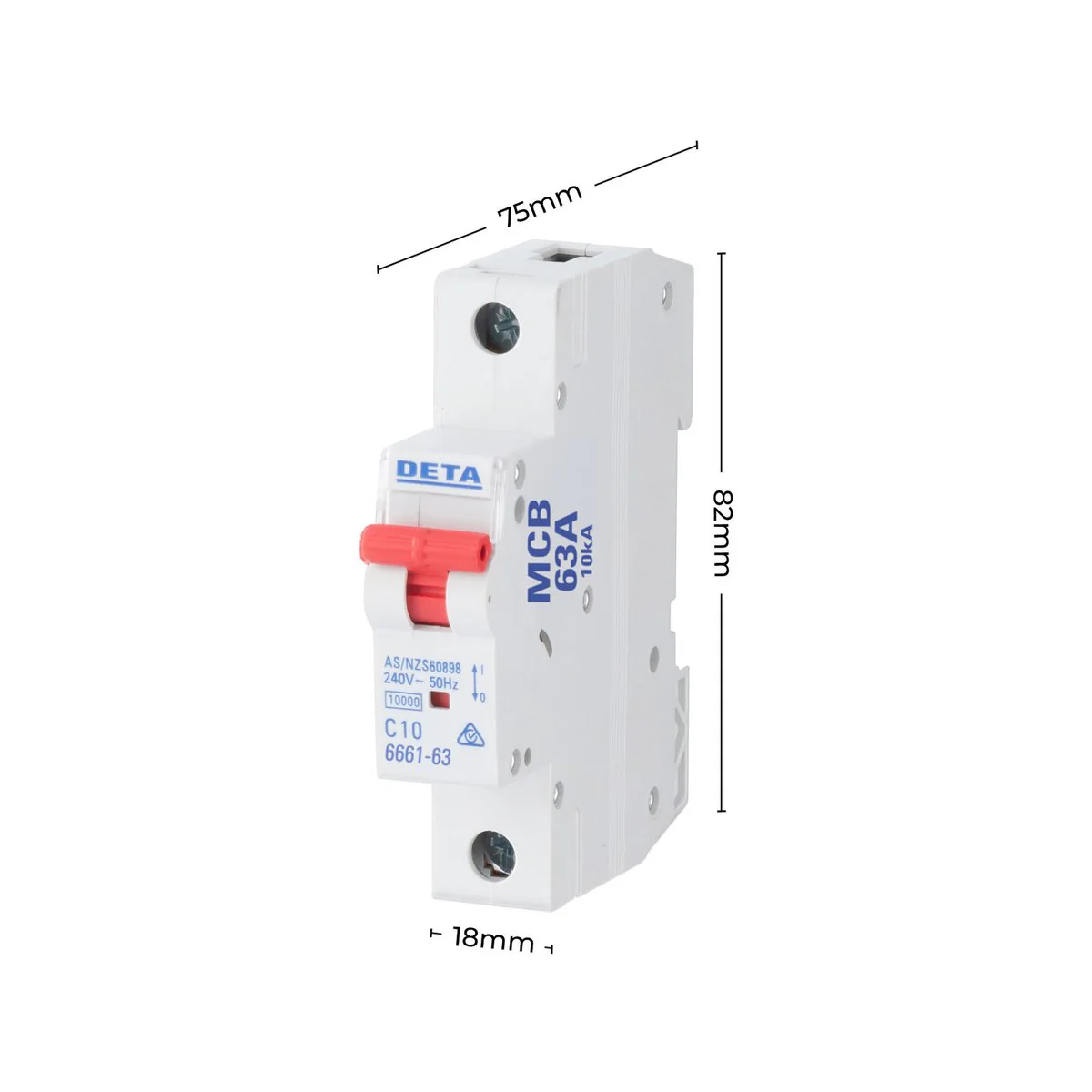 Deta 63A Miniature Circuit Breaker - 10kA Short Circuit Capacity - 1 Pole - 18mm - Image 3