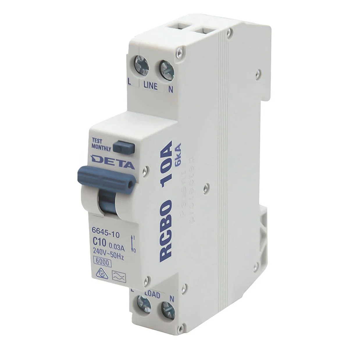 DETA 10A Residual Circuit Breaker with Overload Protection - 18mm - 1P+N