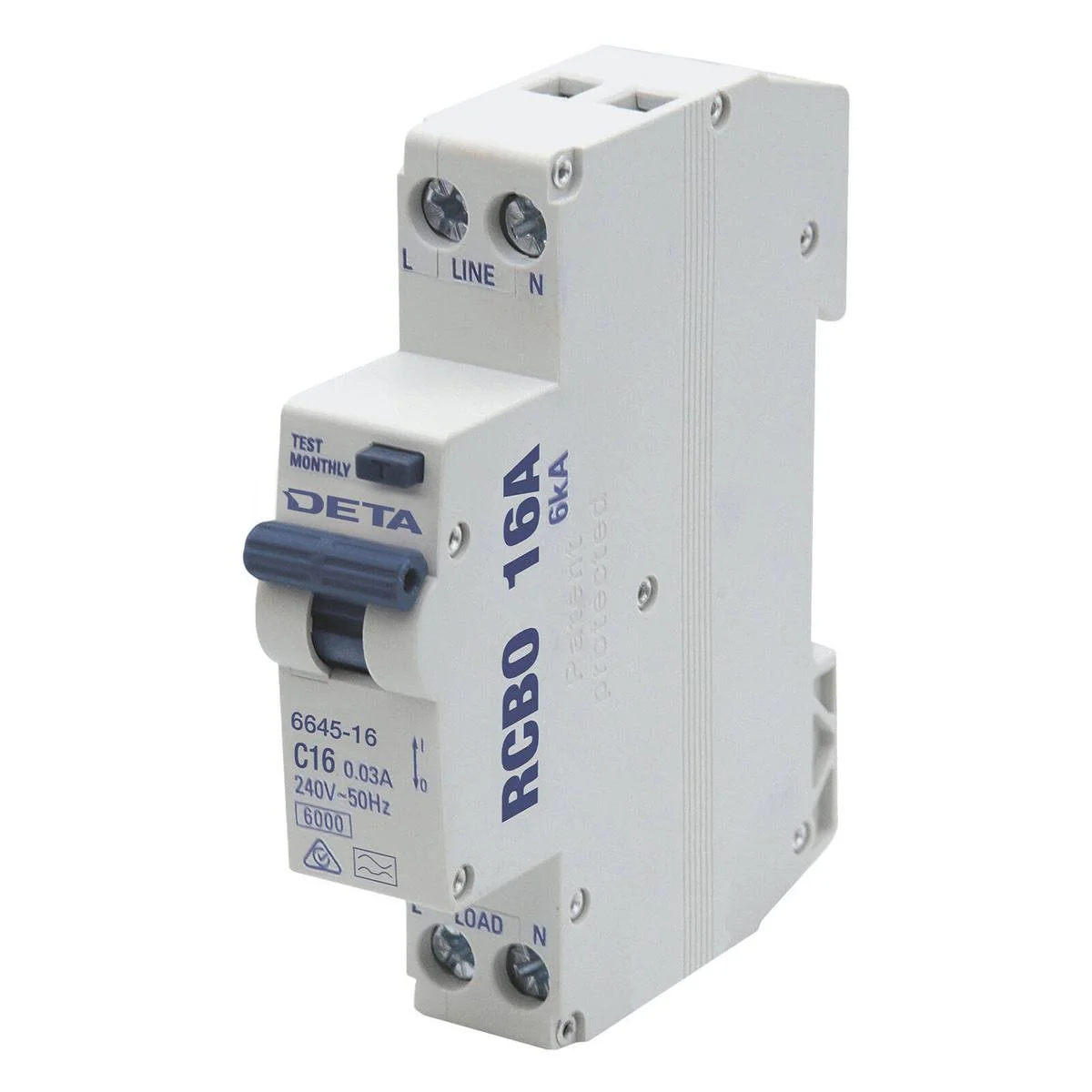 DETA 16A Residual Circuit Breaker with Overload Protection - 1P+N - 18mm