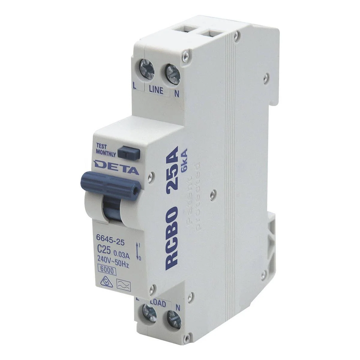 DETA 25A Residual Circuit Breaker with Overload Protection - 6kA - 1P+N - 240V