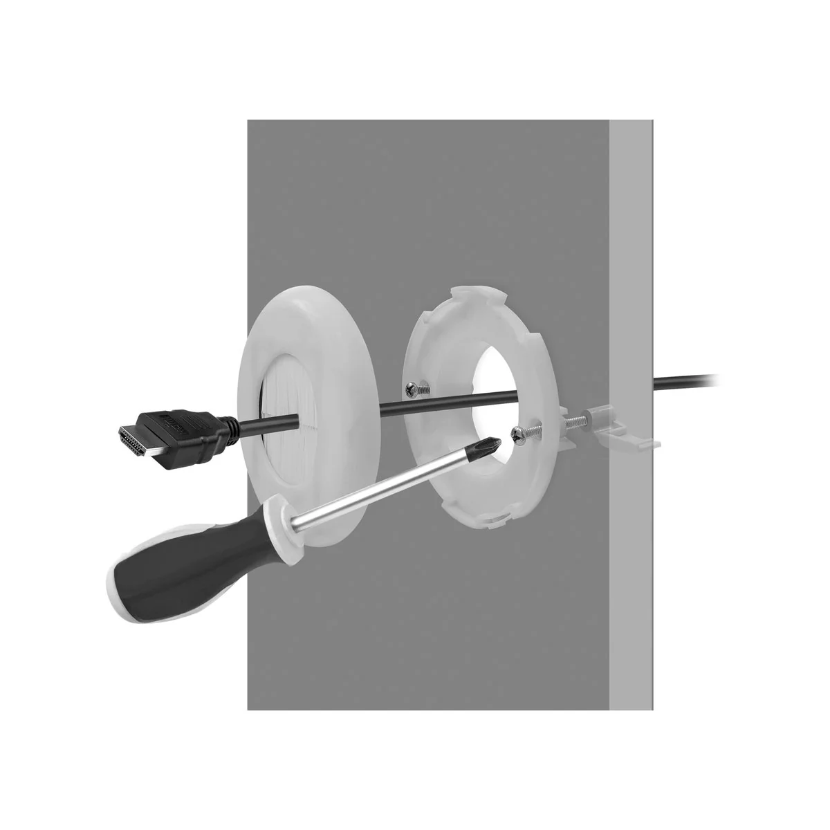 Deta Round Brush Wall Plate - 100mm x 100mm - White/Silver - Cable Management - Image 4