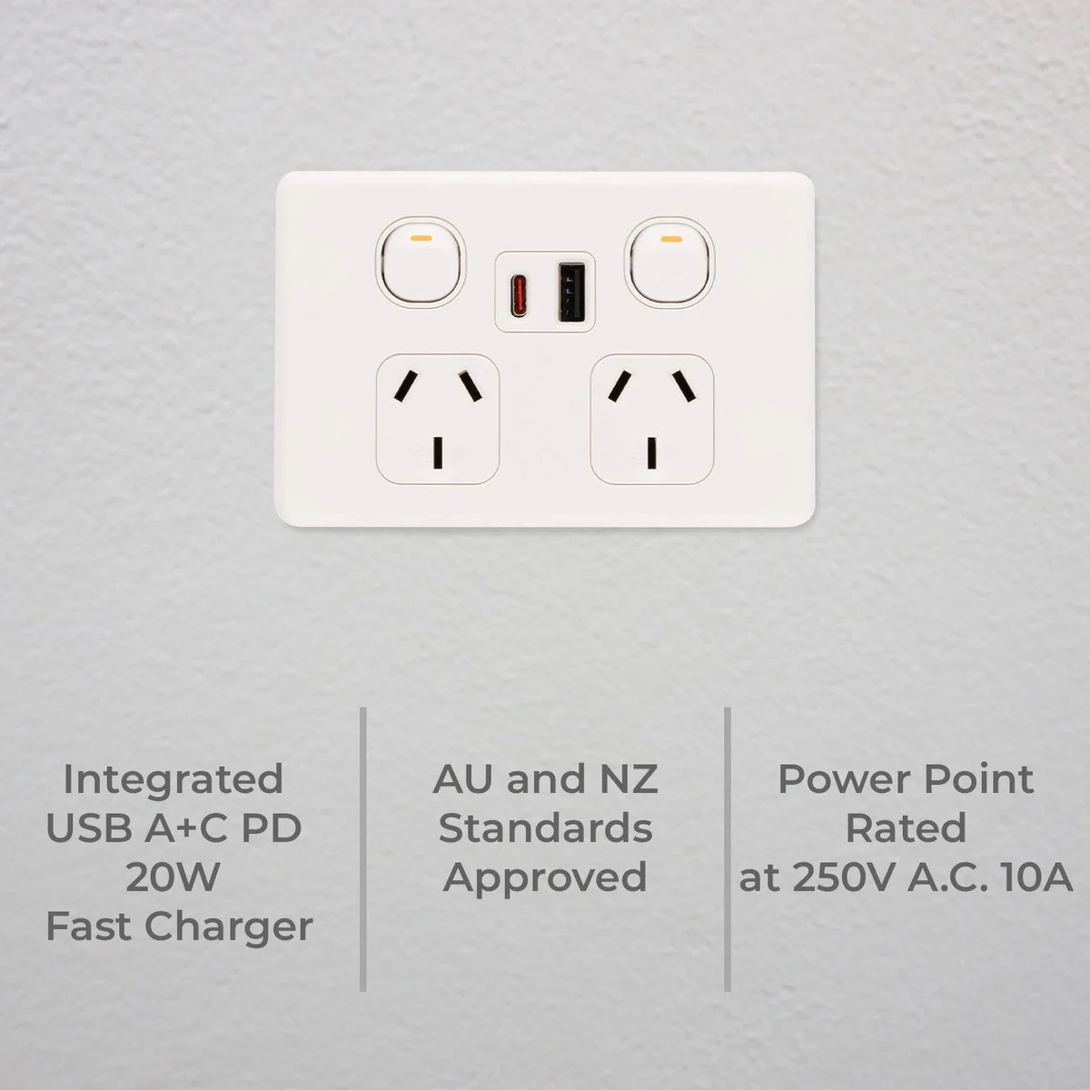 Deta S Line Double Power Point with USB A+C PD20W Fast Charging - 2 Outlets - 45mm x 74mm x 115mm - Ultra-Low Profile Design - Image 2