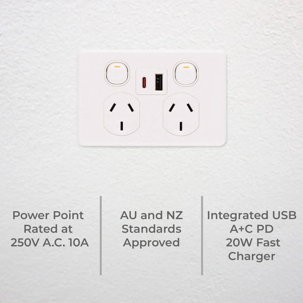 Deta x6 Double Power Point with USB A+C PD20W Fast Charging - 250V 10A - White - Image 2