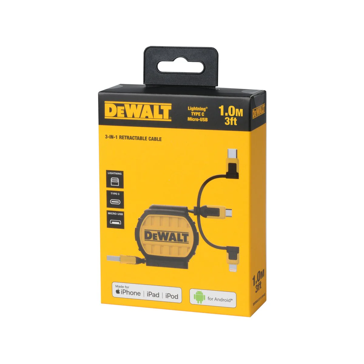 Dewalt 1m Retractable Charging Cable - 3 in 1 Type C, Micro USB, Lightning - Kevlar Reinforced - Image 2