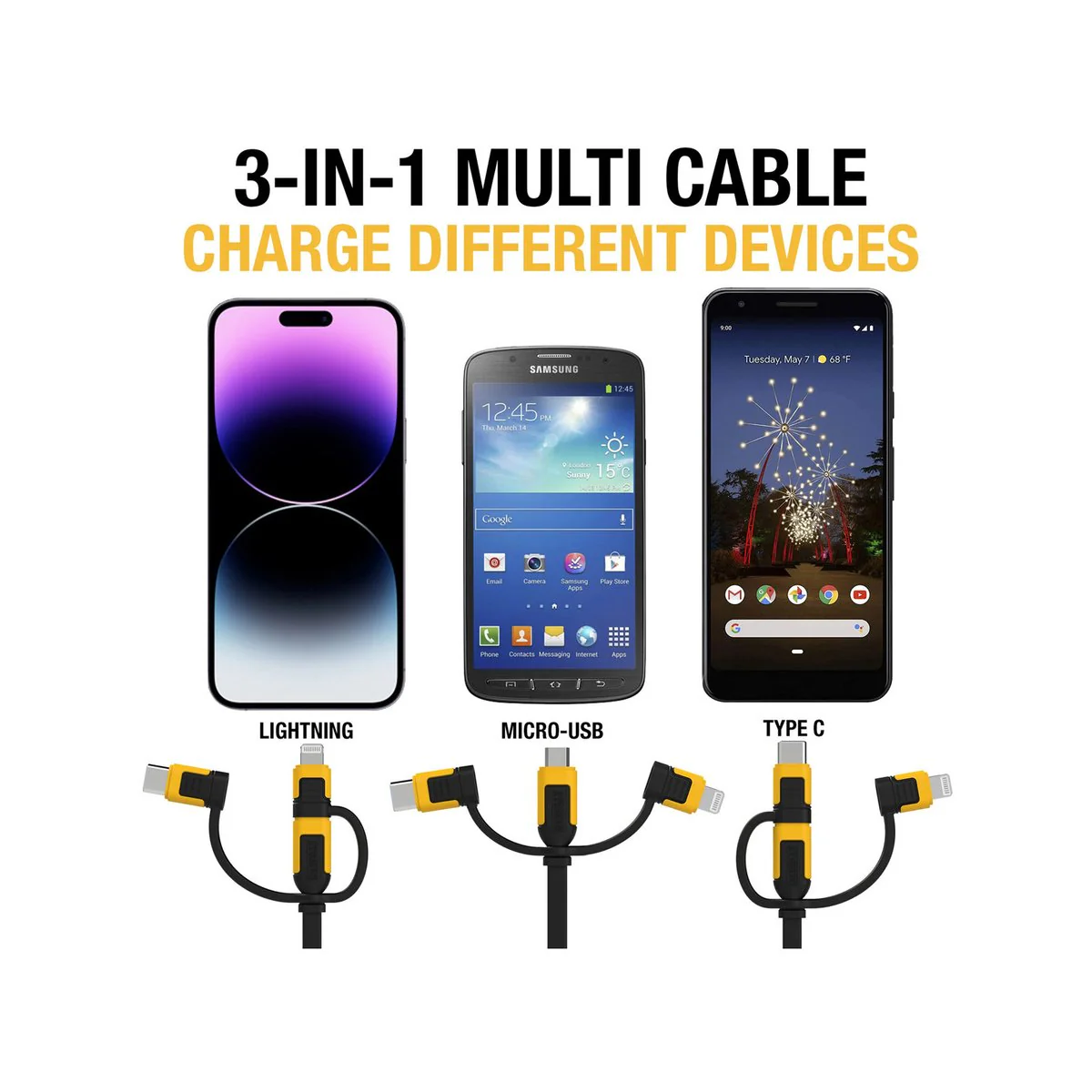 Dewalt 1m Retractable Charging Cable - 3 in 1 Type C, Micro USB, Lightning - Kevlar Reinforced - Image 3