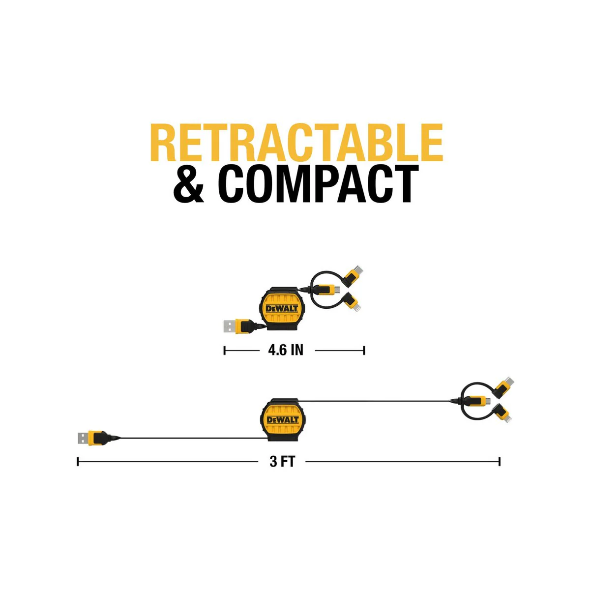 Dewalt 1m Retractable Charging Cable - 3 in 1 Type C, Micro USB, Lightning - Kevlar Reinforced - Image 4