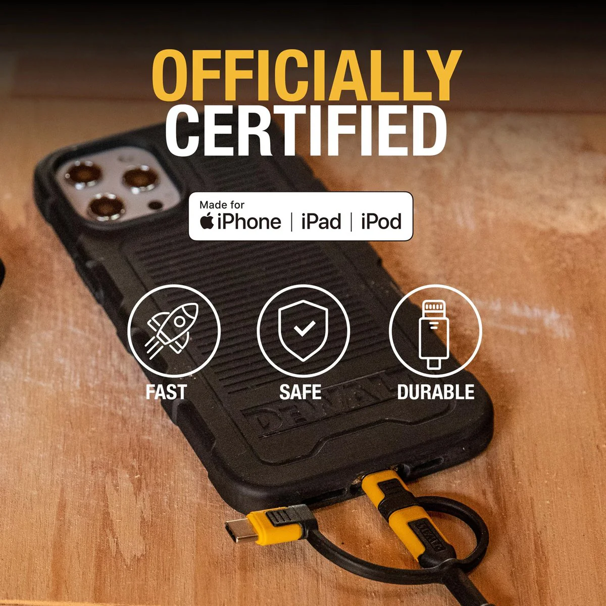 Dewalt 1m Retractable Charging Cable - 3 in 1 Type C, Micro USB, Lightning - Kevlar Reinforced - Image 5