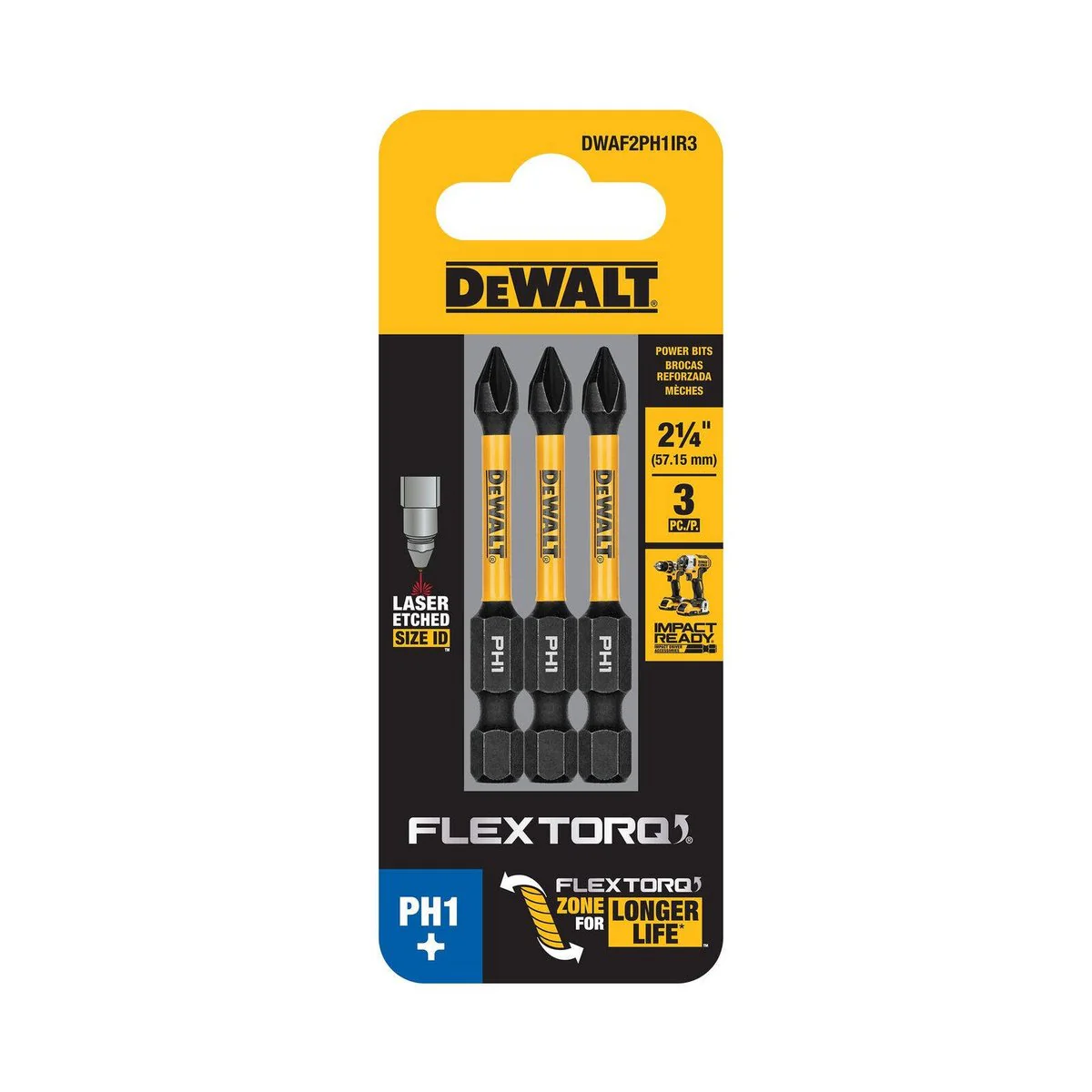 Dewalt 57mm PH1 Flextorq Screwdriver Bit - 3 Pack - Impact Resistant - Image 3