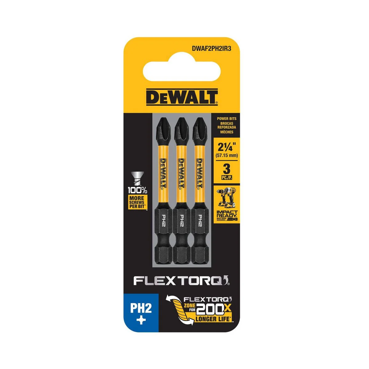 Dewalt Flextorq Screwdriver Bit 3 Pack - 57mm PH2 - Impact Resistant - Image 3