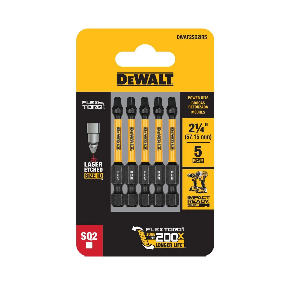 Dewalt Flextorq Screwdriver Bit 57mm SQ2 - 5 Pack - Impact Resistant - Image 3