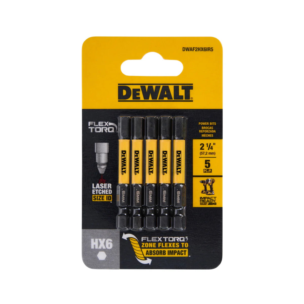 Dewalt Flextorq Screwdriver Bits 5 Pack - 57mm Hex H6 - Durable High Carbon Steel - Image 2