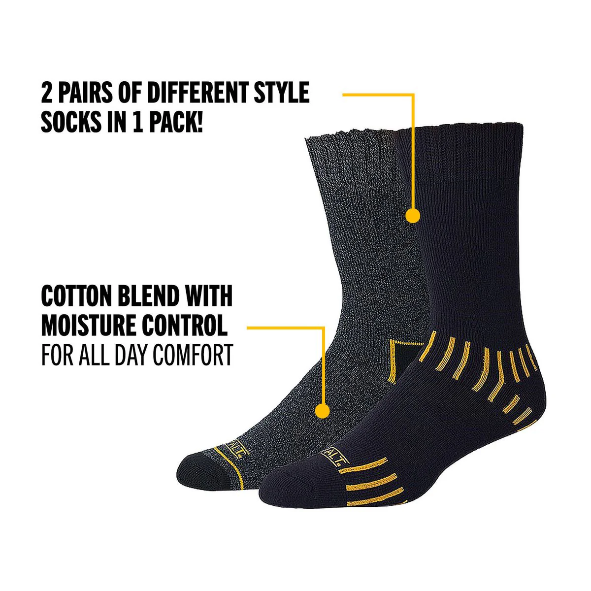Dewalt Work Cotton Socks 2 Pack Crew Size 10-13 - Moisture Control, Comfort - Image 3