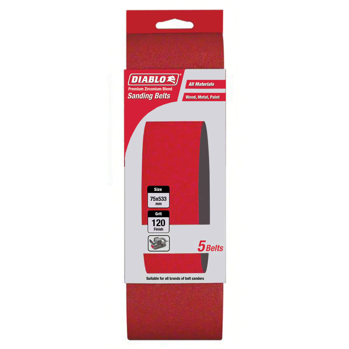 Diablo 120 Grit Abrasive Belt 5 Pack - 75 x 533mm - Red