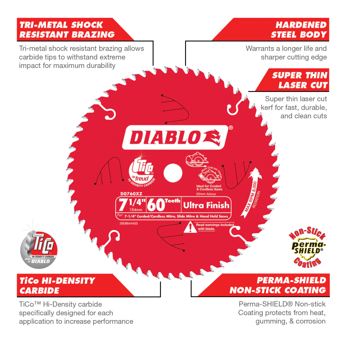 Diablo 184mm 60t Ultra Finish Circular Saw Blade - TiCo Carbide - Steel - Image 3