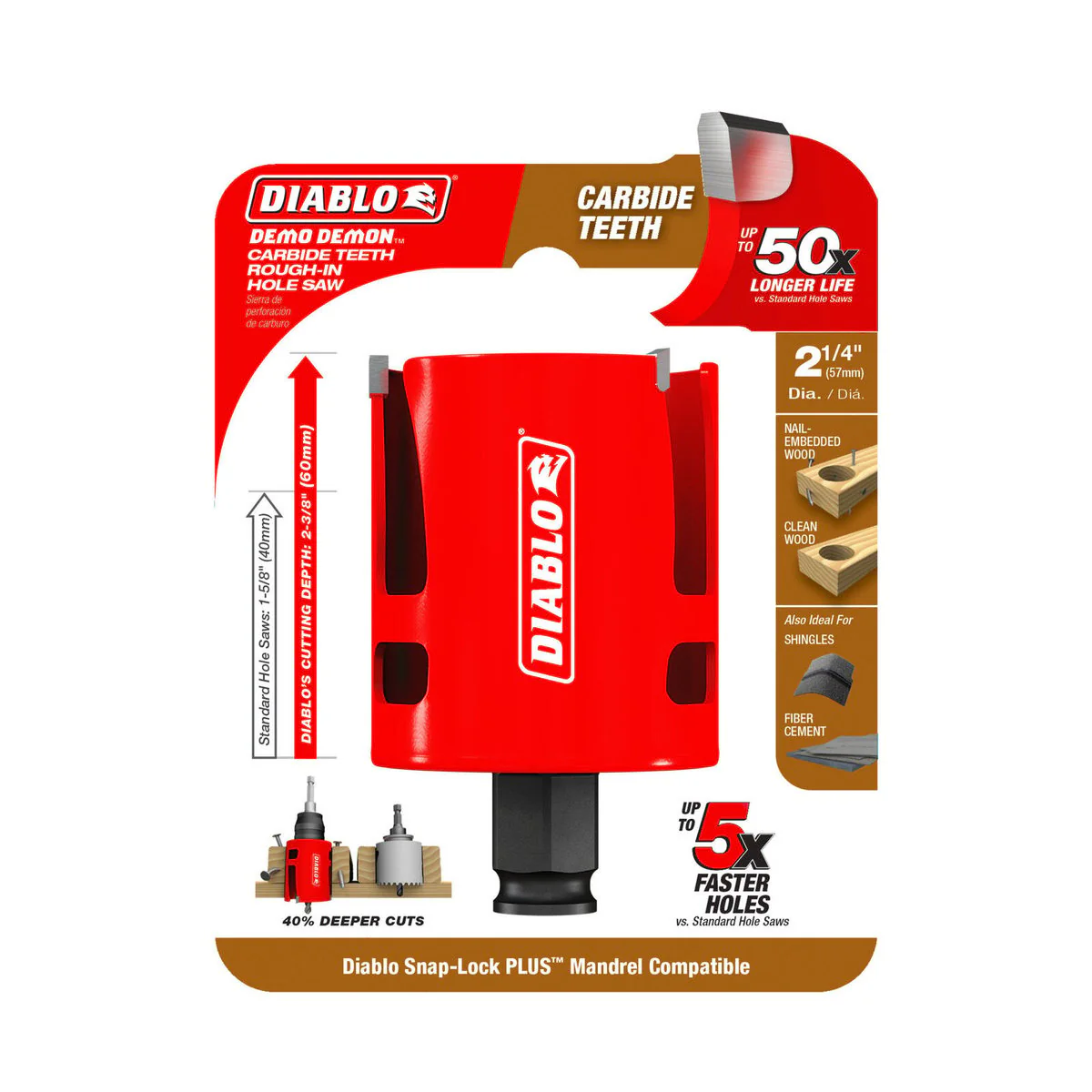 Diablo 2 1/4" Demo Demon Carbide Teeth Rough in Hole Saw - 60mm Cutting Depth - Faster Cutting