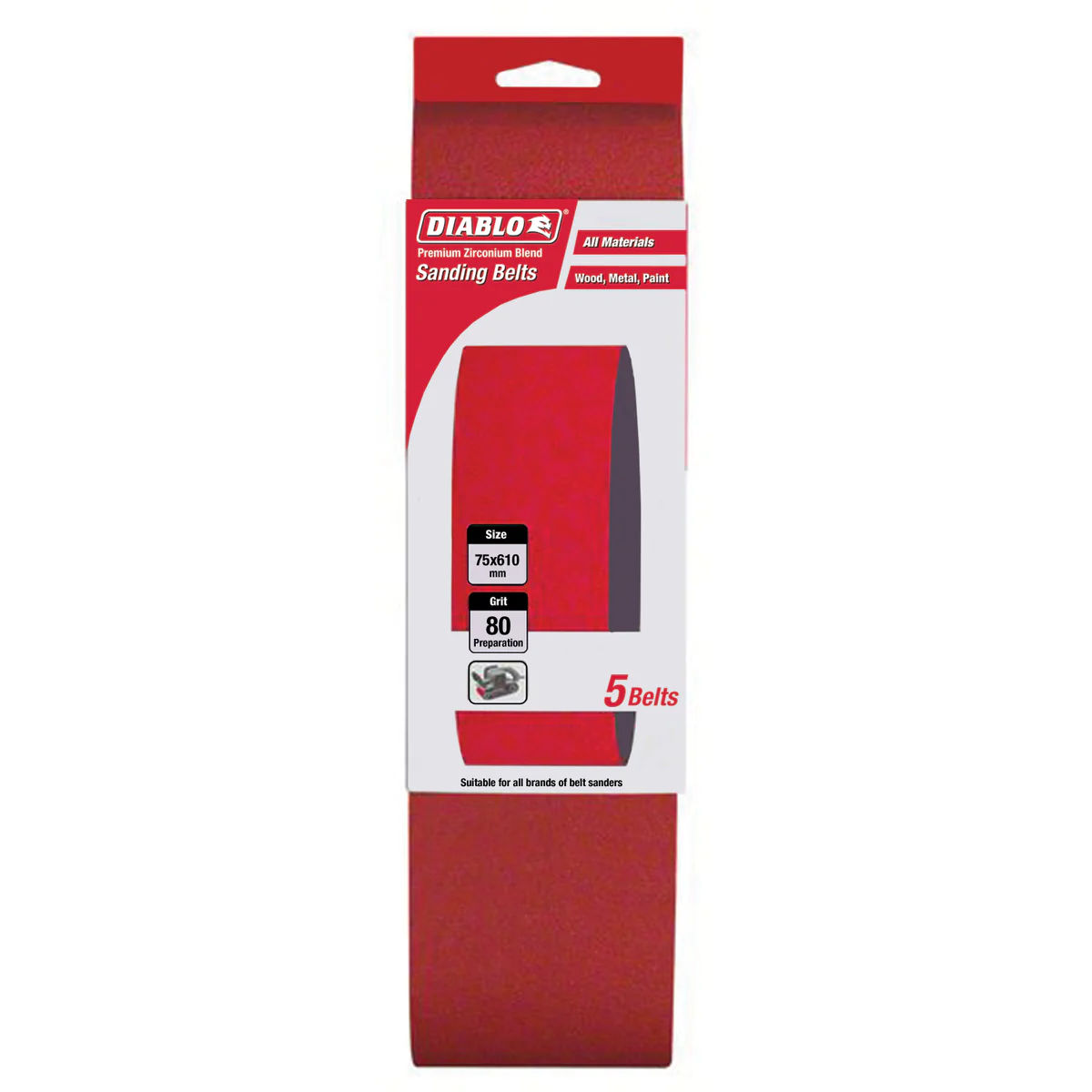 Diablo 75 x 610mm 80 Grit Abrasive Belt 5 Pack - Red
