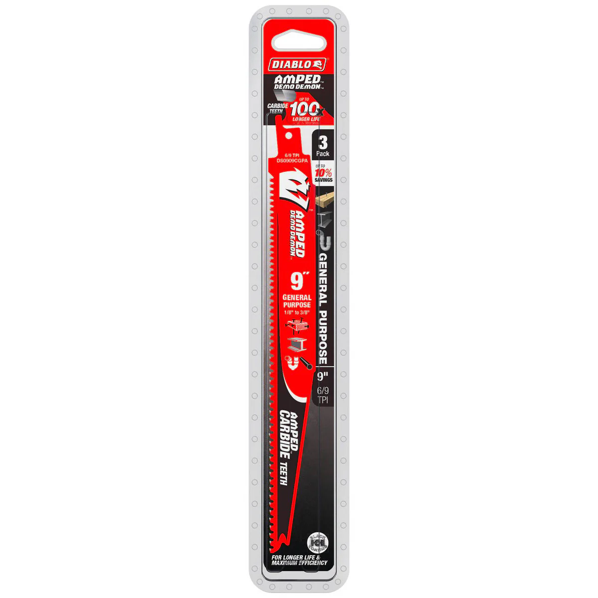 Diablo 9 Amped Demo Demon Reciprocating Saw Blade - General Purpose 3 Pack - 9" 6/9TPI - Durable & Impact Resistant