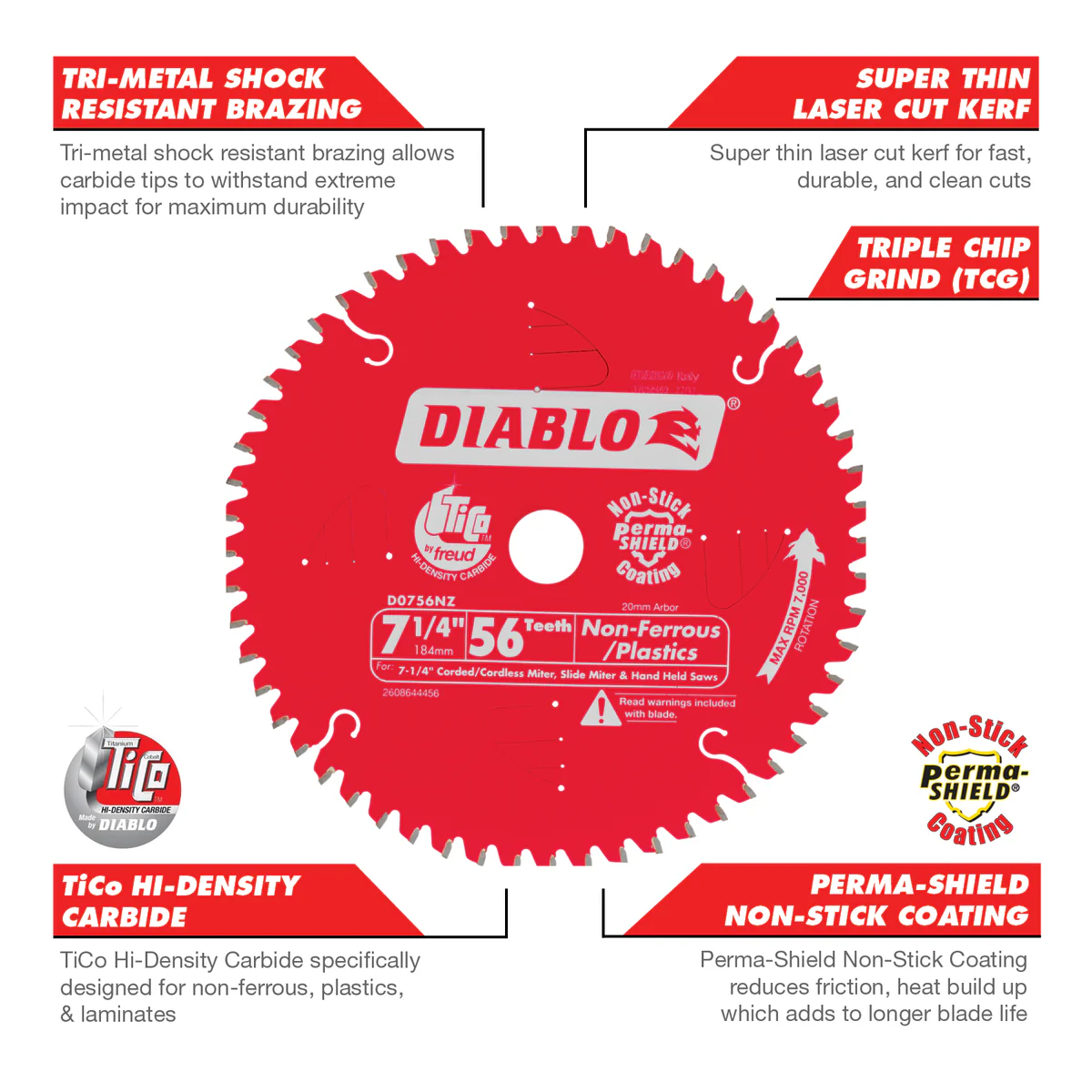 Diablo 184mm 56t Non Ferrous Plastic Circular Saw Blade - Red - Image 3