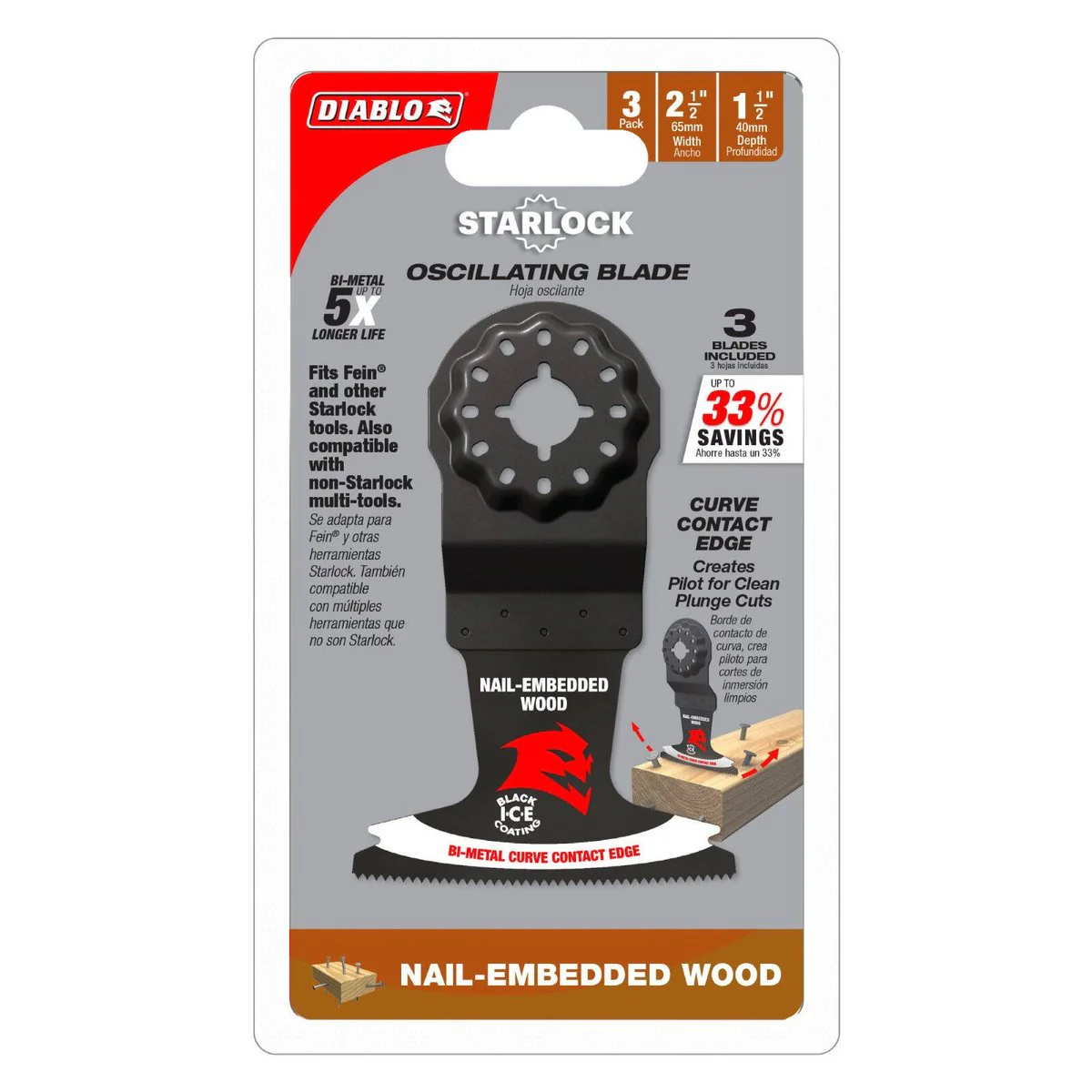 Diablo Demo Demon™ Bi-Metal Oscillating Blades - 3 Pack - 2-1/2" - Nail-Embedded Wood