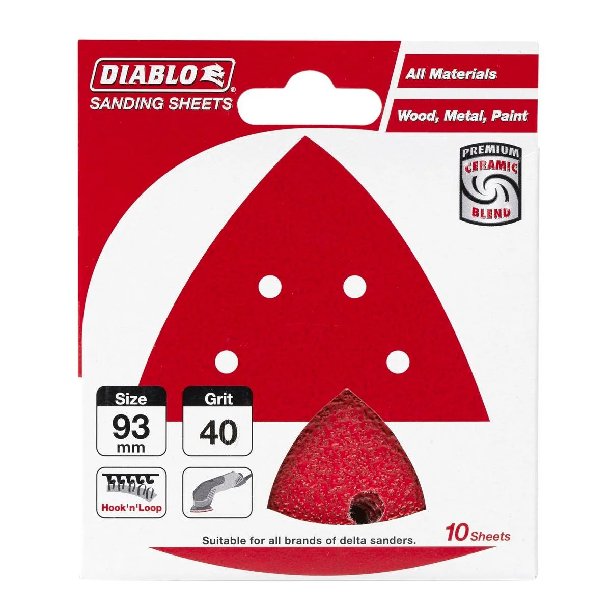 Diablo Detail Sander Sheets - 93mm x 93mm - 40 Grit - 10 Pack - Red
