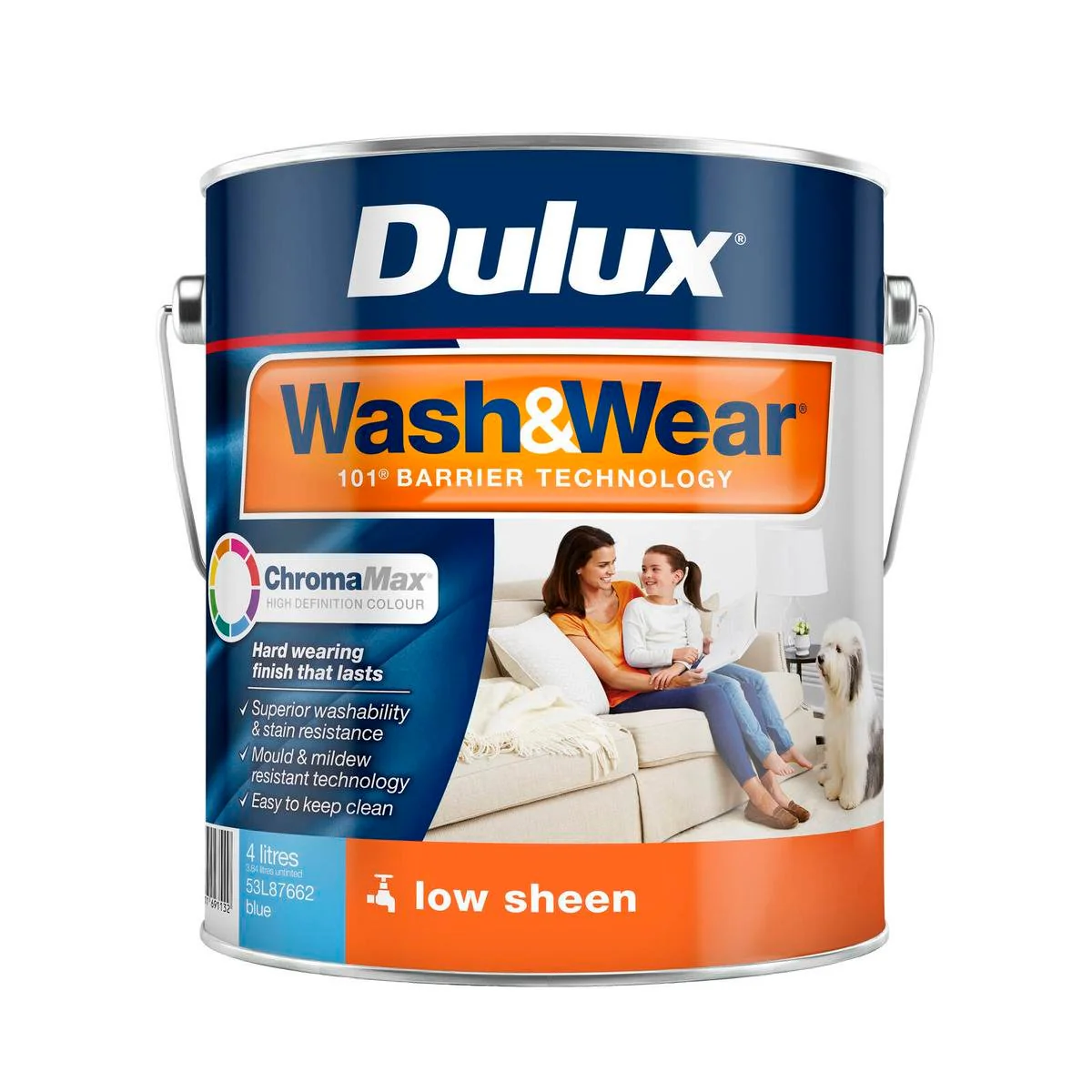 Dulux 4L Blue Low Sheen Wash Wear Interior Paint - 192mm x 179mm x 176mm - Washable, Stain Resistant