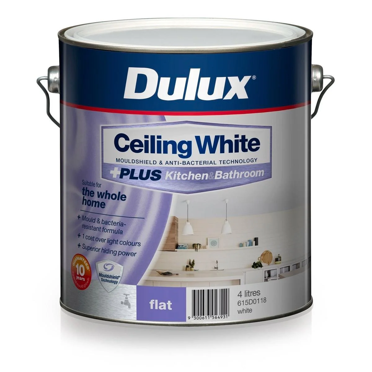Dulux 4L White Ceiling Plus Kitchen Bathroom Paint - Water-Based - Mould Protection