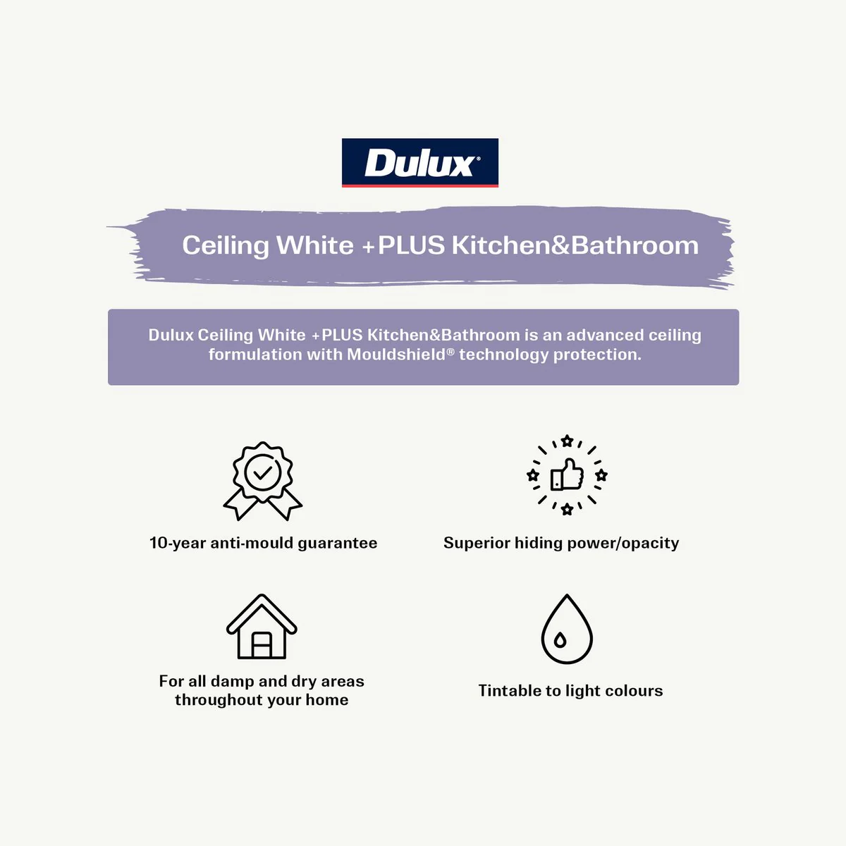 Dulux 4L White Ceiling Plus Kitchen Bathroom Paint - Water-Based - Mould Protection - Image 2