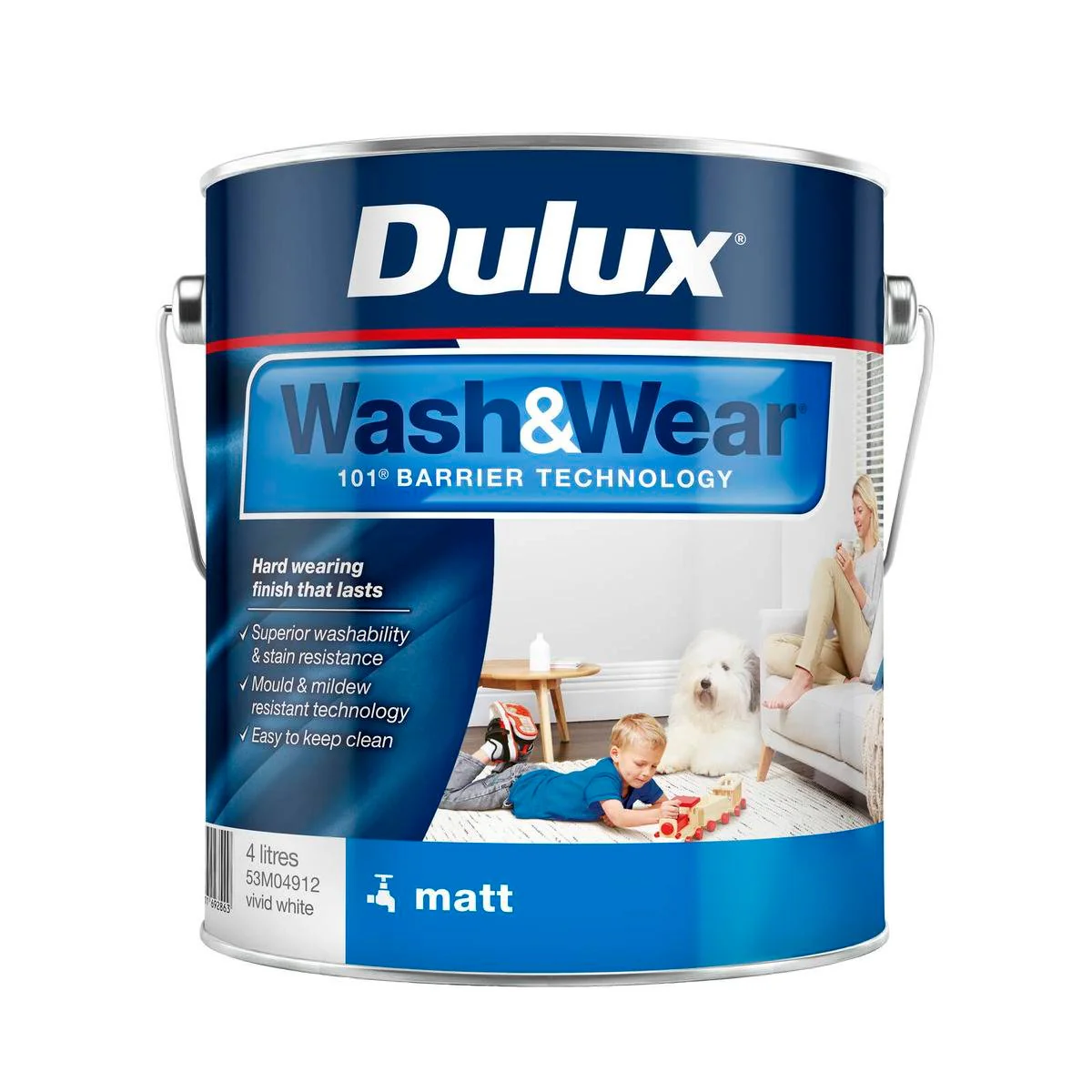 Dulux Interior Paint Wash Wear Matt Vivid White 4L - 4L - Easy to Clean - Stain Resistant