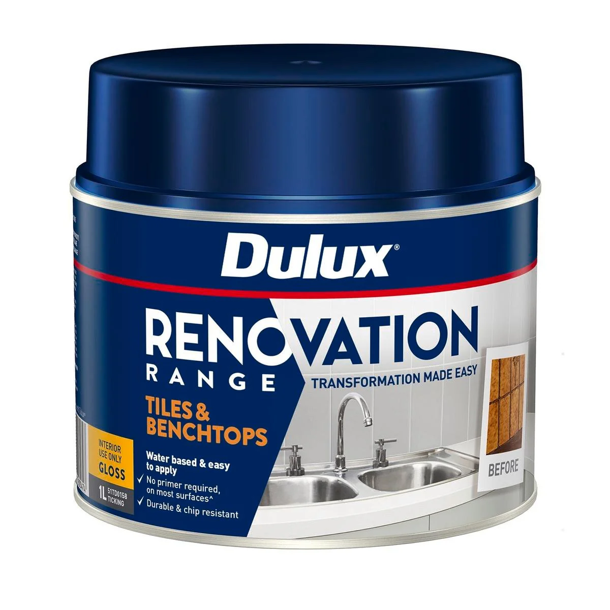 Dulux Renovation Range Tiles Benchtops Gloss 1L Ticking 134mm x 107mm x 107mm