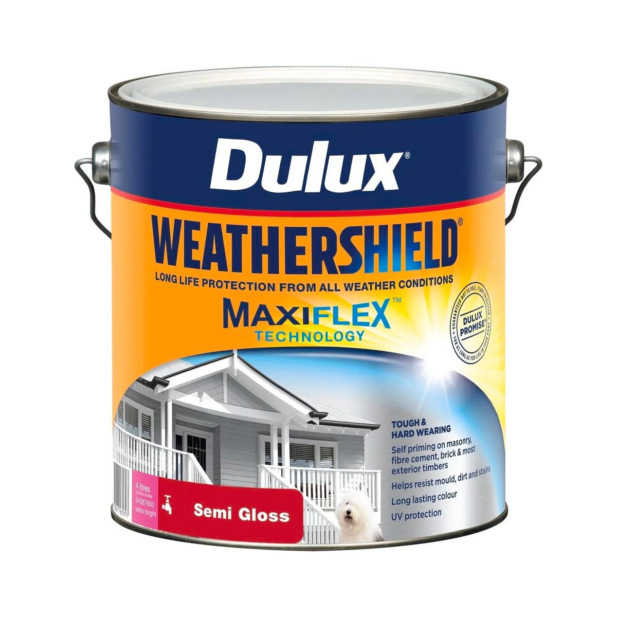 Dulux Weathershield Exterior Paint - 4L - Extra Bright - Semi Gloss - 205mm x 198mm x 180mm