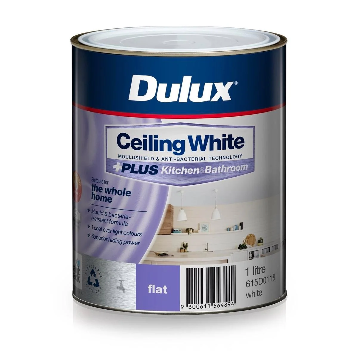 Dulux White Ceiling Plus Kitchen and Bathroom Paint 1L - 1.574kg - Mouldshield Protection - Flat Finish