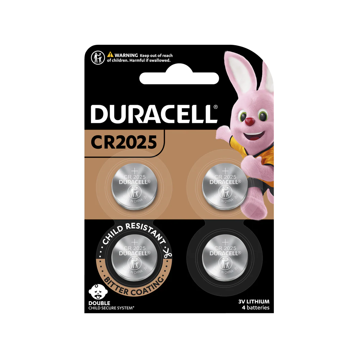 Duracell Specialty Lithium Coin CR2025 3V Battery 4 Pack - Long-Lasting Power - Child-Resistant