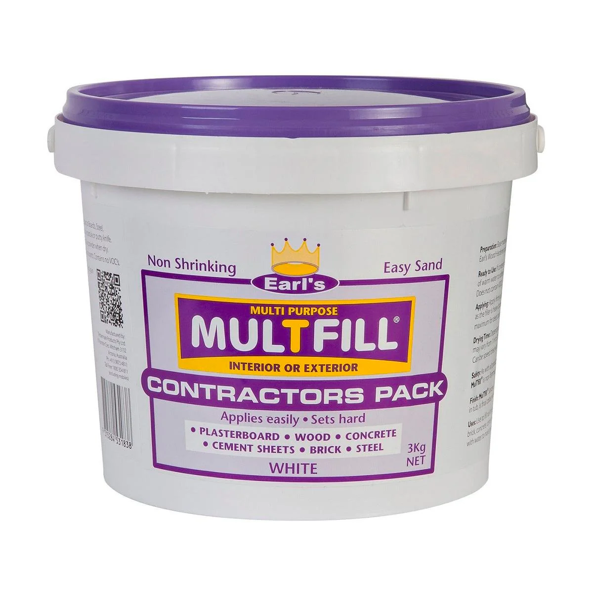 Earl S 3kg White Multfill Ready to Use Filler - Fine Filler - Smooth Finish