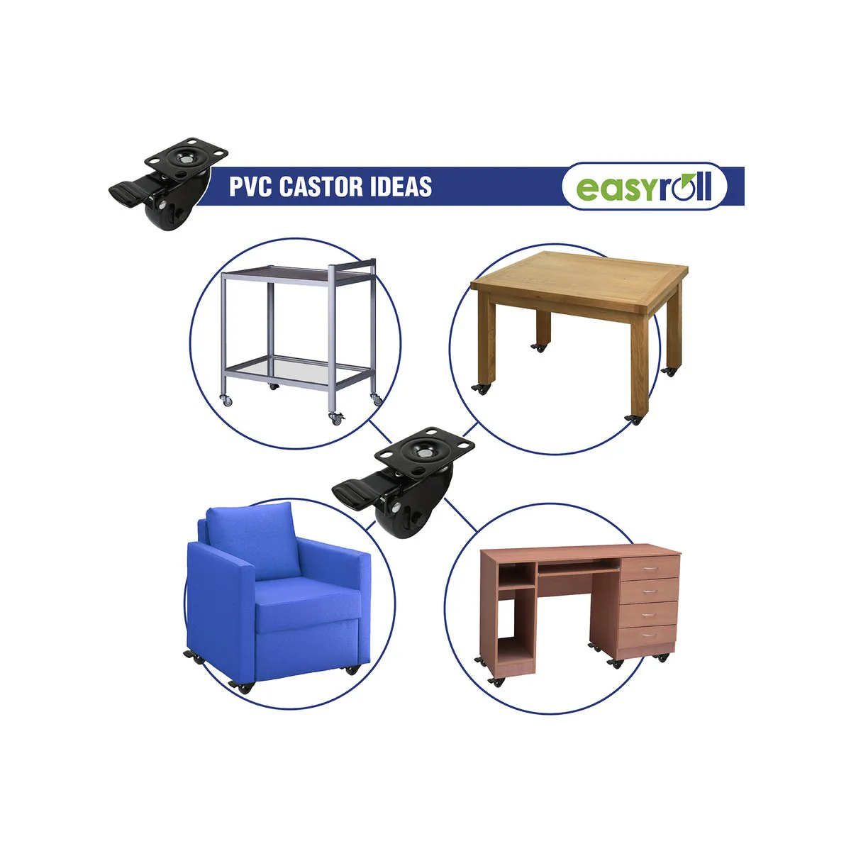 Easyroll 50mm Black PVC Fixed Castor - Durable Fixed Wheel - 60kg Load Rating - Image 5