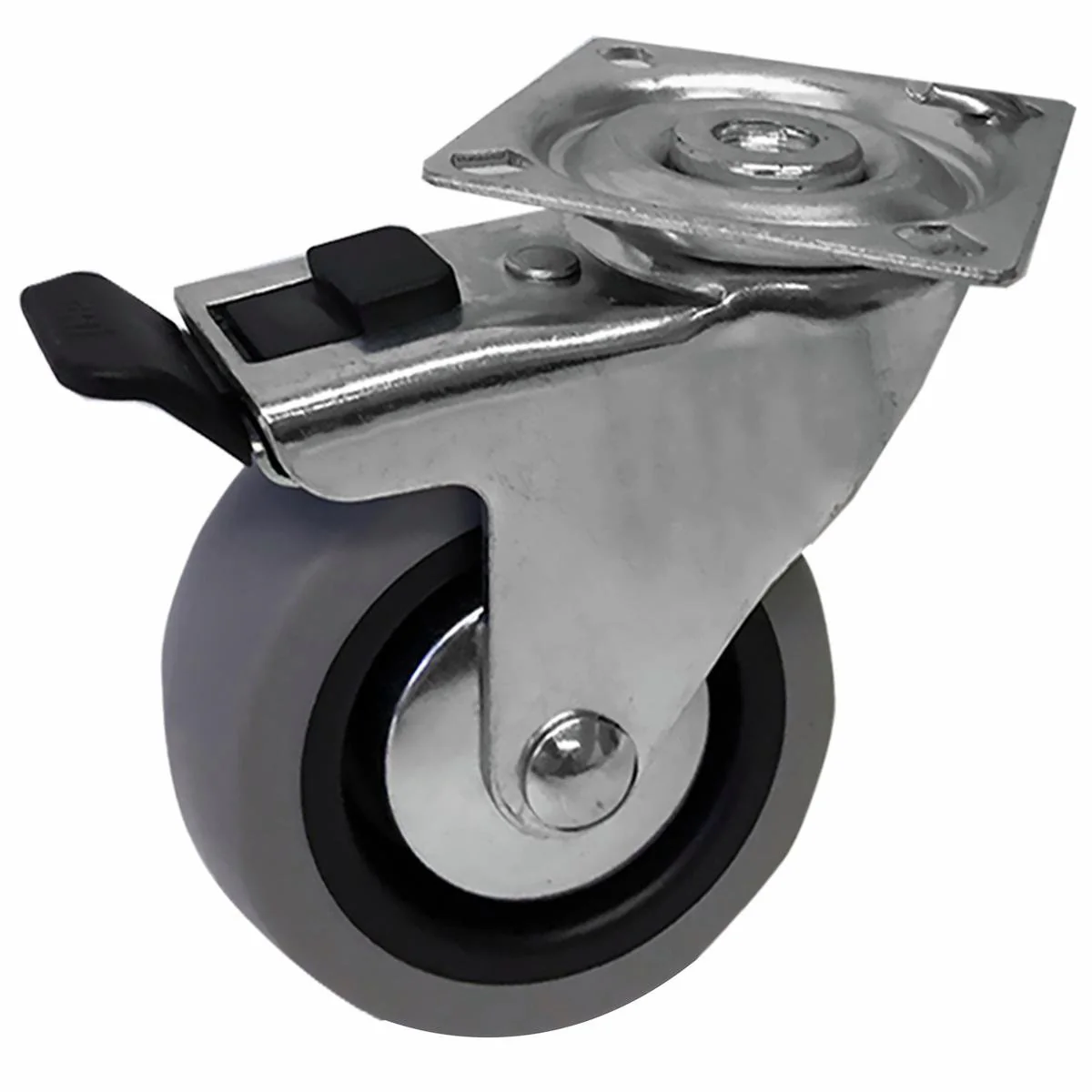 Easyroll 75mm Grey Rubber Swivel Plate Castor Plus Brake 55kg Load