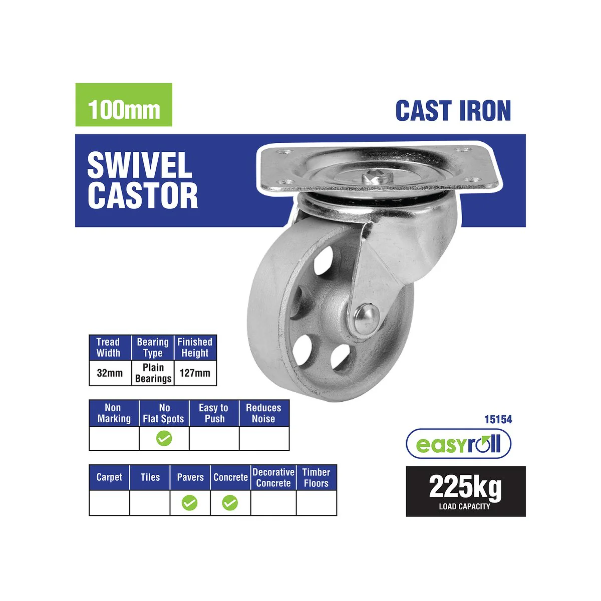 Easyroll Castor - 100mm - Cast Iron - High Load Capacity - Image 3