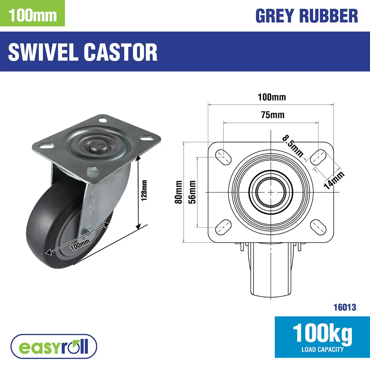 Easyroll Castor - 100mm - Grey Rubber - Heavy Duty Swivel - Image 2