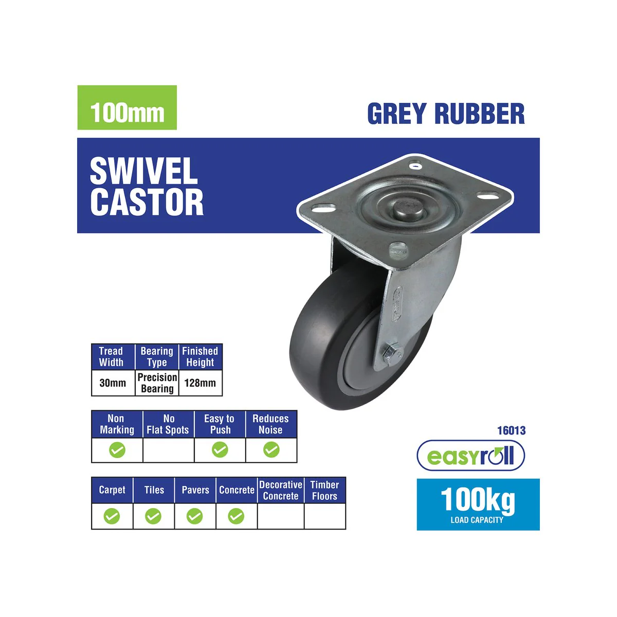 Easyroll Castor - 100mm - Grey Rubber - Heavy Duty Swivel - Image 3
