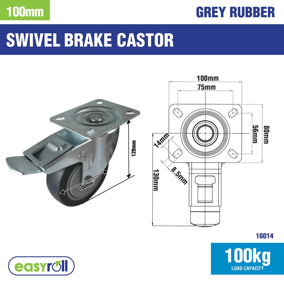 Easyroll Castor - 100mm - Grey Rubber - Heavy Duty Swivel Brake - Image 2