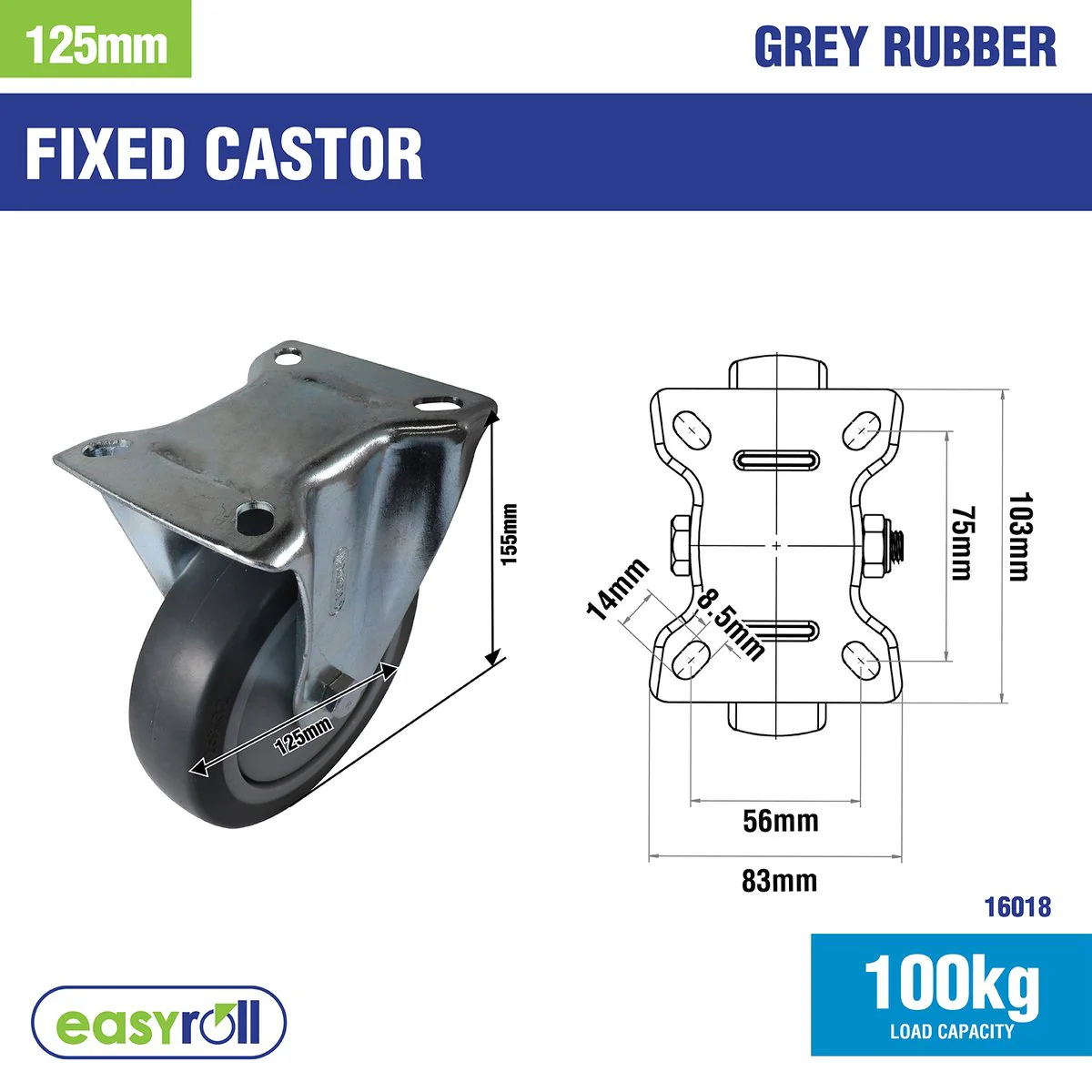Easyroll Castor - 125mm - Grey Rubber - Heavy Duty - Image 2