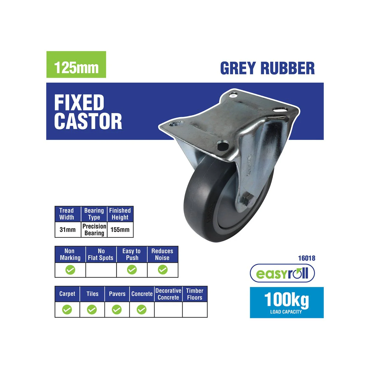 Easyroll Castor - 125mm - Grey Rubber - Heavy Duty - Image 3