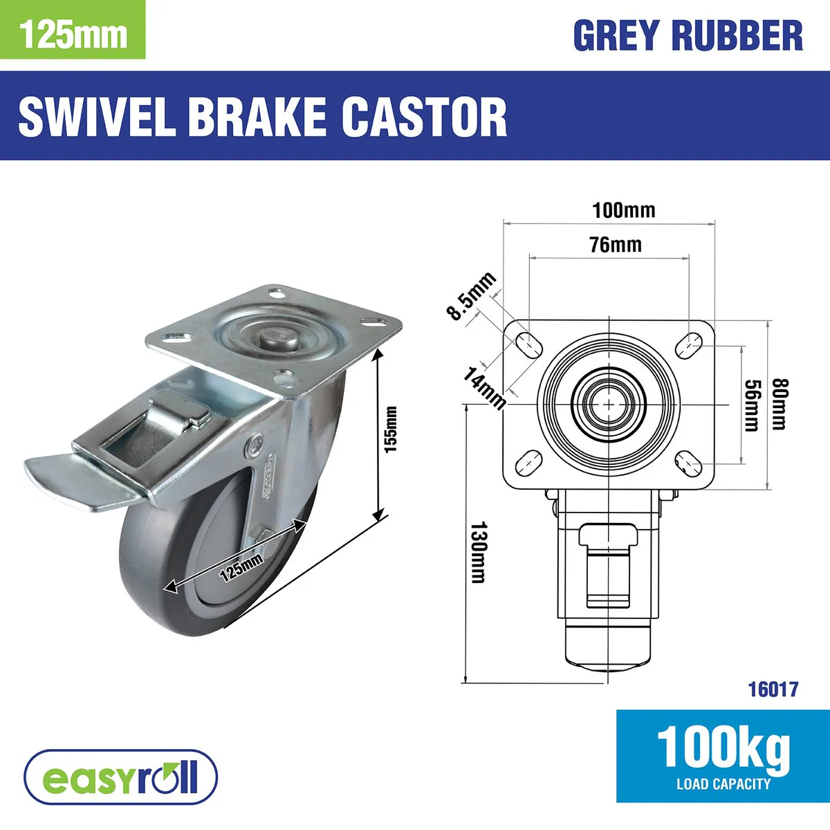 Easyroll Castor - 125mm - Grey Rubber - Heavy Duty Swivel Brake - Image 2