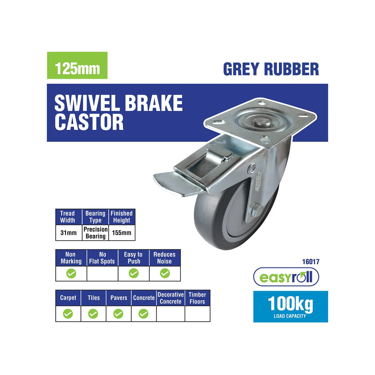 Easyroll Castor - 125mm - Grey Rubber - Heavy Duty Swivel Brake - Image 3