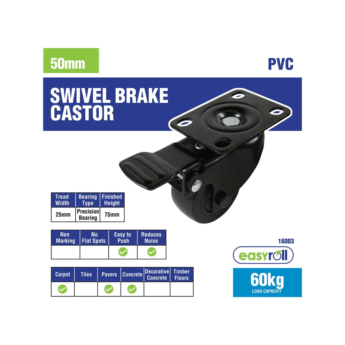 Easyroll Castor - 50mm - Black PVC - Swivel with Brake - Image 5