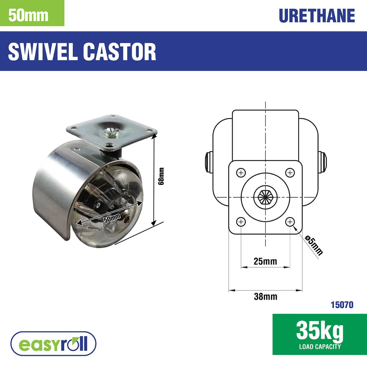 Easyroll Castor - 50mm - Polyurethane - Twin Transparent Wheels - Image 2