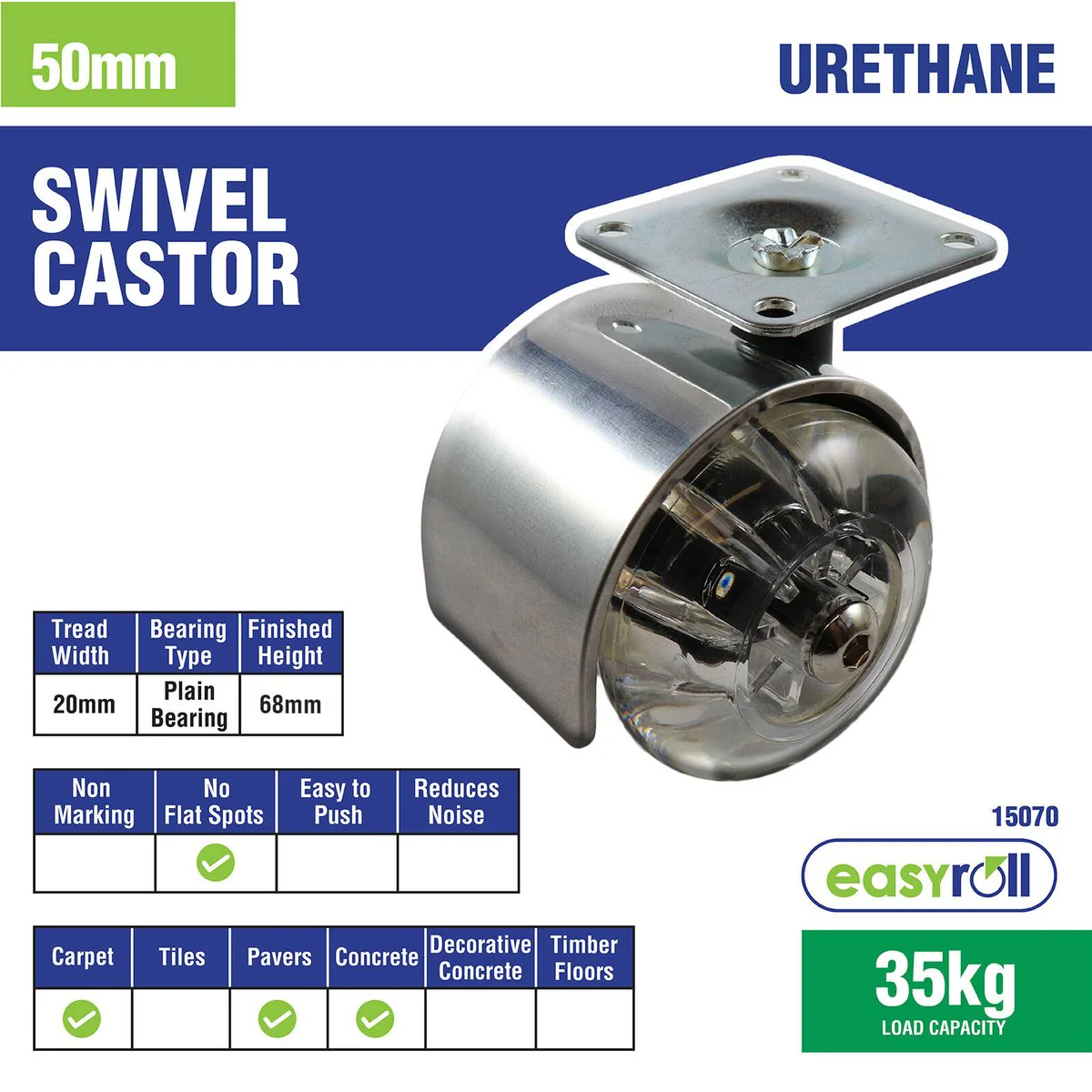 Easyroll Castor - 50mm - Polyurethane - Twin Transparent Wheels - Image 3